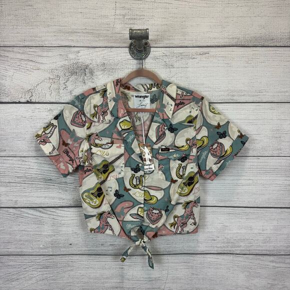 Wrangler x Lainey Wilson Women's Short Sleeve Tie Front Camp Shirt Size XL - Picture 2 of 9